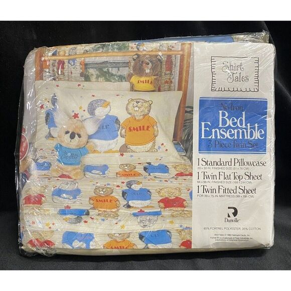 NOS NEW 1980 Shirt Tales 3 Piece Twin Set Flat Fitted Sheet Pillowcase Danville - Picture 1 of 7
